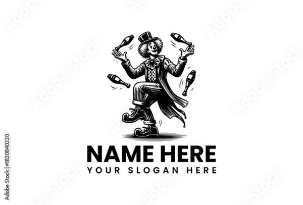 Fototapeta A classic circus clown juggling pins, vintage mascot character design vector logo illustration