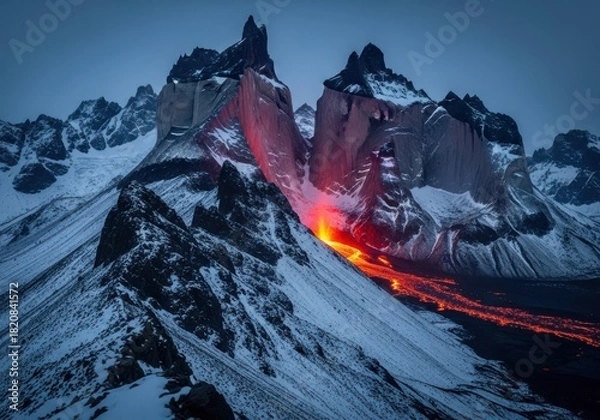 Fototapeta Fiery lava flows down snow covered mountain peaks under dramatic twilight sky