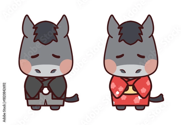 Obraz 黒と赤の着物を着てお辞儀する薄墨毛の馬