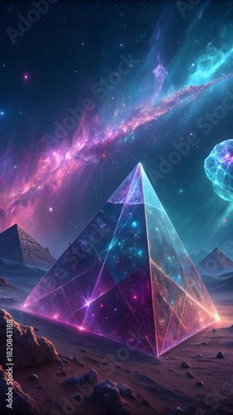Fototapeta Cosmic Pyramid Portal – Surreal Desert Meets Galactic Sky 