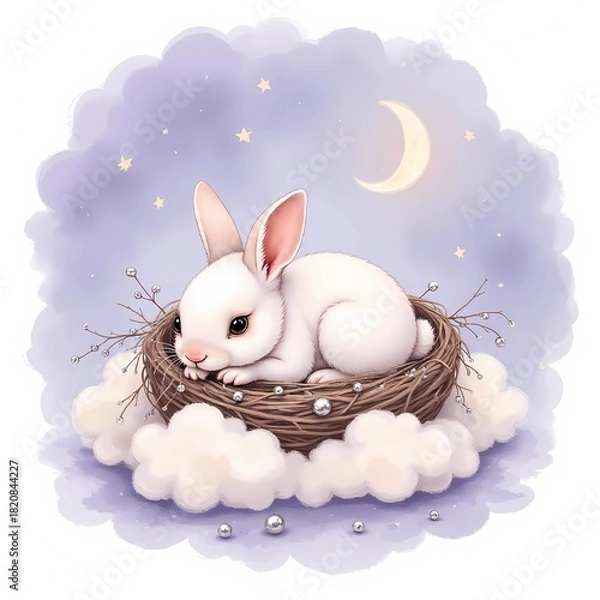 Fototapeta Cute white rabbit resting in a nest among clouds at night  