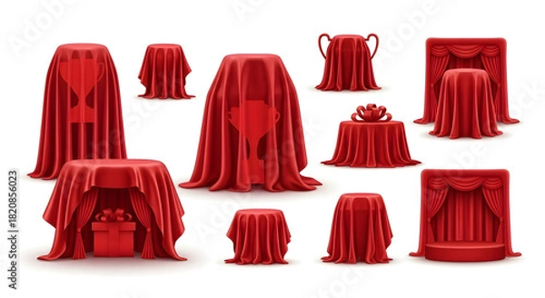 Obraz Red cloth covered objects, various shapes and sizes, on white background.
