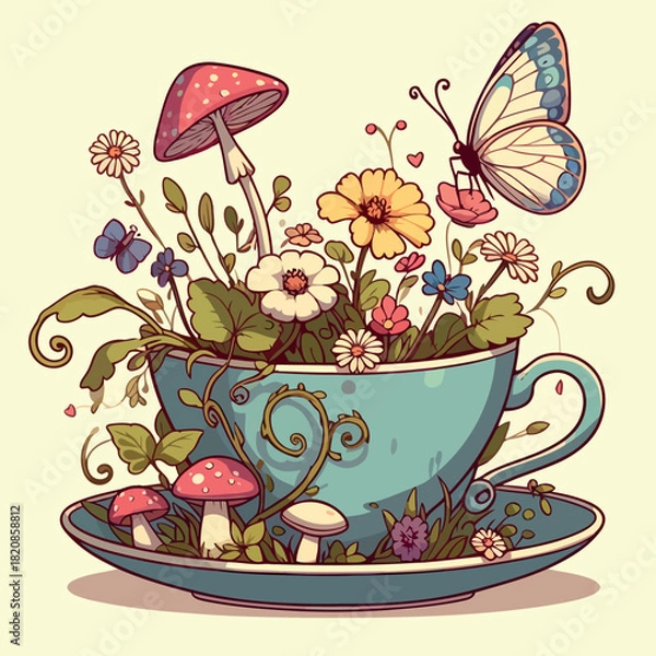 Obraz Whimsical Teacup Garden with Butterfly and Mushrooms