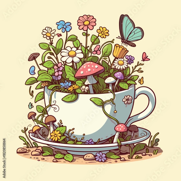 Fototapeta Whimsical Teacup Garden with Mushrooms and Butterfly
