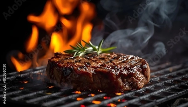 Obraz beef steak with spices rosemary closeup on grill