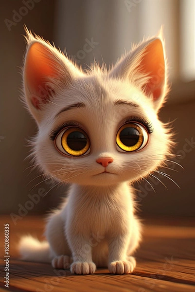 Fototapeta Fluffy White Kitten with Big Golden Eyes, 3D Cute Cat Sitting on Warm Wooden Floor in Soft Sunlight Glow