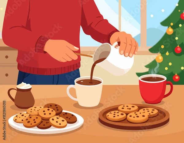 Fototapeta A person pours hot chocolate into a mug near cookies and a Christmas tree, creating a cozy holiday scene.