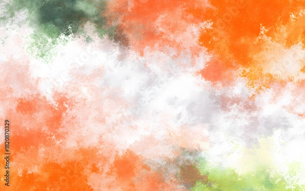 Fototapeta Abstract watercolor background with vibrant orange, white, and green hues blending softly, creating a dynamic and artistic textured scene.
