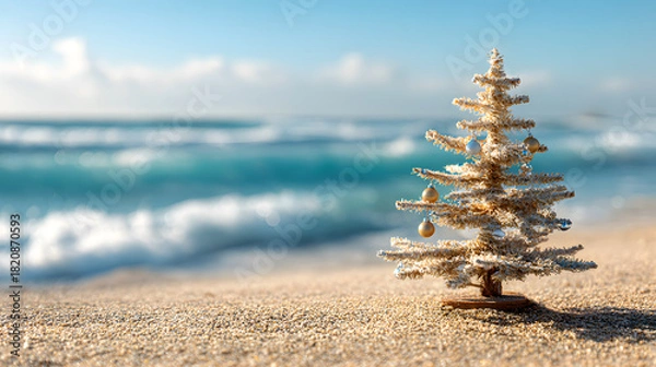 Obraz Adorable small Christmas tree decorated on a sandy beach, with ocean waves in the background and ample copy space for text.