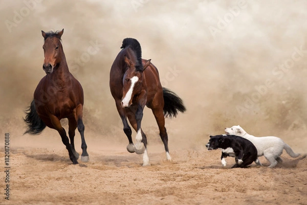 Obraz Two horse play with dogs
