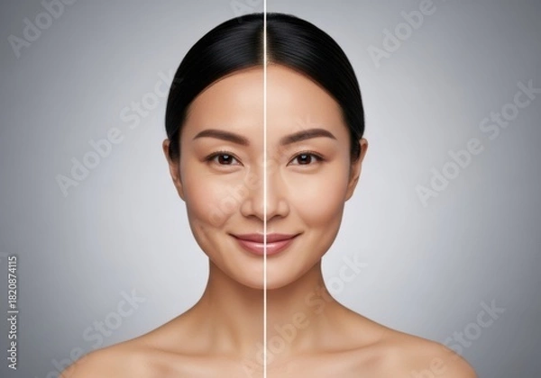 Obraz Split view comparison of an asian womans face showing before and after skin treatment or cosmetic procedure result against a gray background