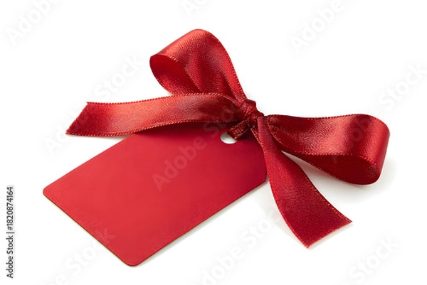 Fototapeta Bright red gift tag adorned with smooth satin ribbon, elegant and festive, isolated on white background.