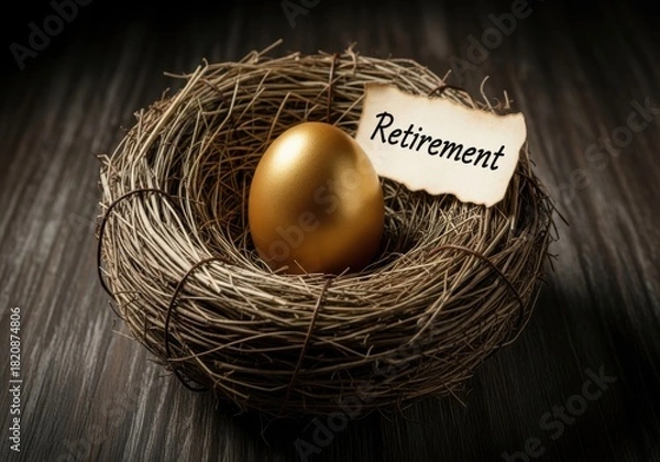 Obraz Golden egg representing retirement savings nestled securely in a birds nest with a small note labeled retirement on a dark wooden surface