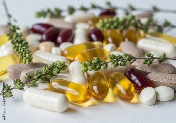 Obraz Assortment of various vitamin and supplement capsules and tablets scattered with fresh green herb sprigs on a light surface