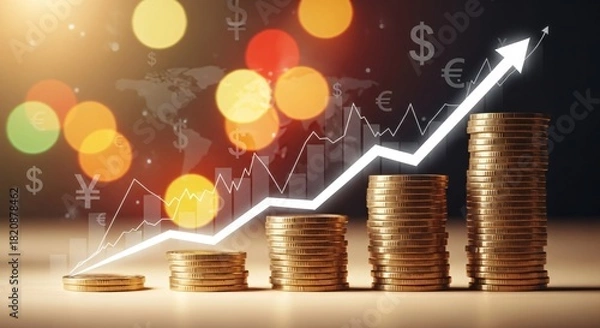 Obraz Financial Growth Concept with Increasing Coin Stacks, Upward Graph, and Global Currency Symbols