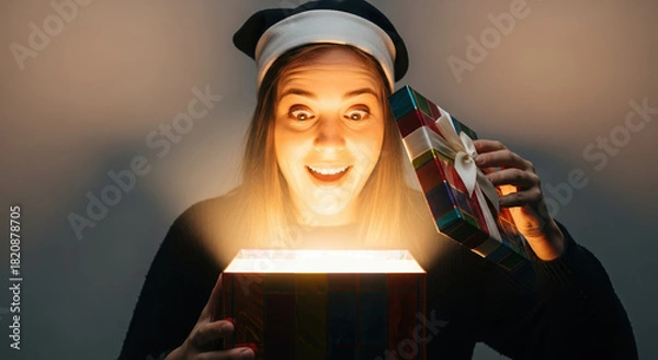 Fototapeta Woman receiving secret Santa gift, box emitting mysterious light. Secret Santa gift brings joy and surprises to recipient with amazed expression, holiday spirit visible.