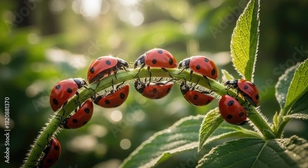 Fototapeta Group of Vibrant Red Ladybugs Balancing on a Green Plant Stem in Golden Sunlight, Nature's Ecosystem Harmony Concept