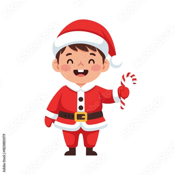 Fototapeta A Cheerful Child Dressed as Santa Claus Holding a Candy Cane