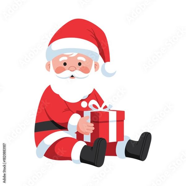 Fototapeta A cheerful cartoon illustration of Santa Claus holding a red and white striped gift box, perfect for Christmas and holiday-themed designs