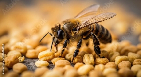 Fototapeta Macro Close-Up of a Honey Bee Foraging on Golden Bee Pollen Granules