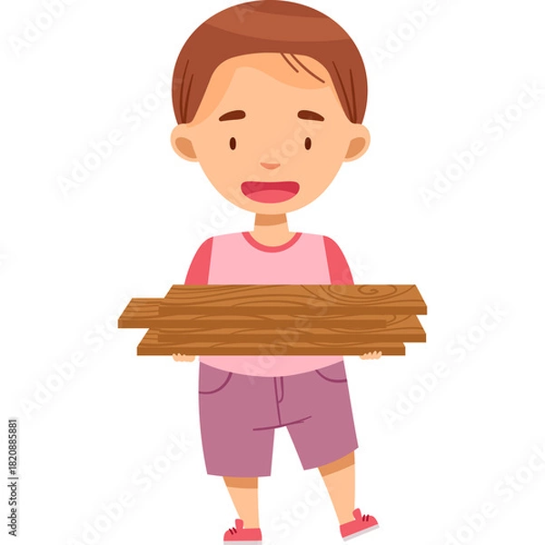 Obraz Young Boy Holding Stack of Wooden Planks Wearing Pink Shirt and Purple Shorts with White Background and Transparent Background