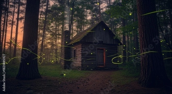 Fototapeta Enchanted Log Cabin in a Mystical Forest at Twilight with Glowing Fireflies