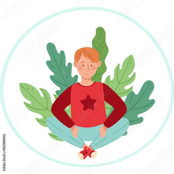 Obraz Young Boy Meditating In Lotus Pose Surrounded By Lush Green Leaves And Botanical Elements With Calm Expression And Red Star Shirt And Blue Pants In Soft Pastel Colors