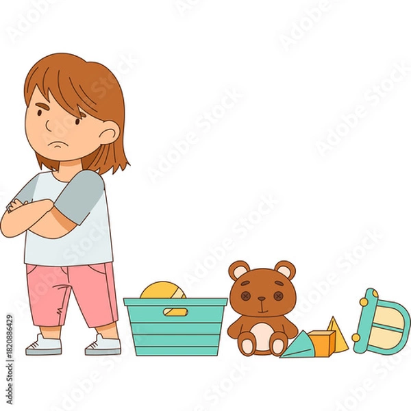 Obraz Young Child With Crossed Arms and Displeased Expression Next to Toys and Storage Bin