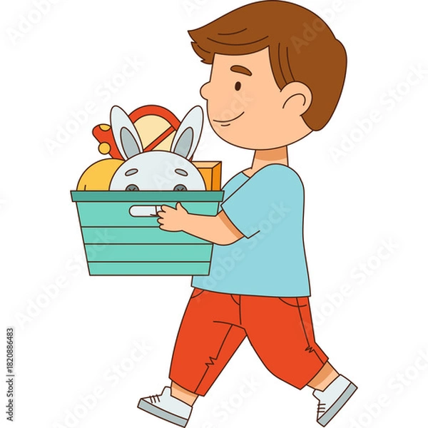 Obraz Young boy in light blue shirt and red shorts walking with a teal basket full of toys and a stuffed bunny front view simple drawing isolated on white background
