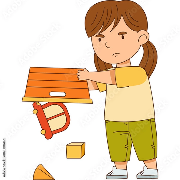Obraz Young Girl Concentrating While Building With Blocks And Toys On Transparent Background