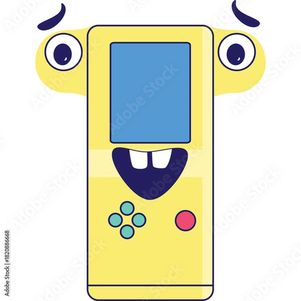 Obraz Yellow retro handheld video game console with a funny face cartoon character with big eyes and teeth on a transparent background