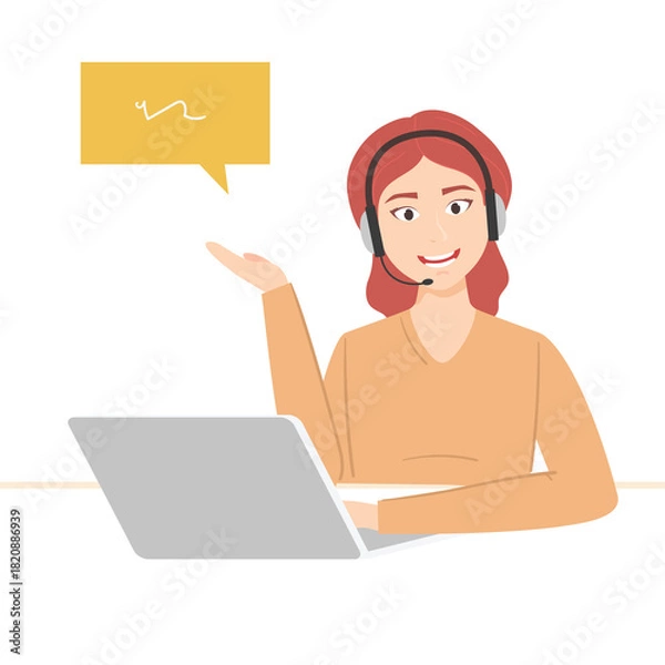 Obraz Young Woman With Red Hair Wearing Headset And Orange Sweater Sits At Desk With Laptop And Speech Bubble Above Her Head In A Studio Setting