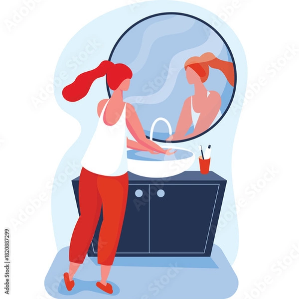 Obraz Young Woman With Red Ponytail Washing Hands In A Bathroom Sink With A Mirror Reflecting Her Image Wearing A White Tank Top And Red Pants In A Blue White And Dark Blue Color Scheme
