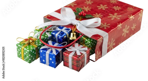 Fototapeta Large Red Christmas Gift Box tied with White Ribbon and smaller Colorful Holiday Presents isolated PNG with Transparent Background