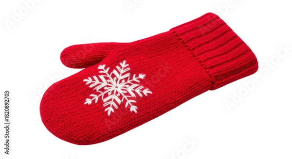 Fototapeta Red knitted winter mitten with white embroidered snowflake, isolated product shot isolated PNG with Transparent Background