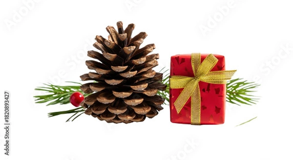 Fototapeta Isolated Pine Cone and Small Red Christmas Present with Gold Ribbon isolated PNG with Transparent Background