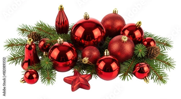 Fototapeta Christmas centerpiece arrangement with red ornaments, green pine branches, and pinecones isolated PNG with Transparent Background