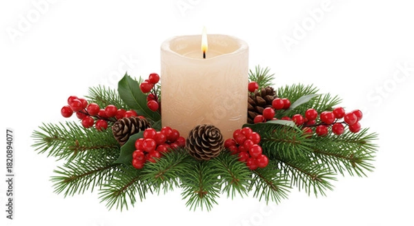 Fototapeta Lit Christmas Pillar Candle Centerpiece with Pine Boughs, Red Holly Berries, and Pinecones isolated PNG with Transparent Background