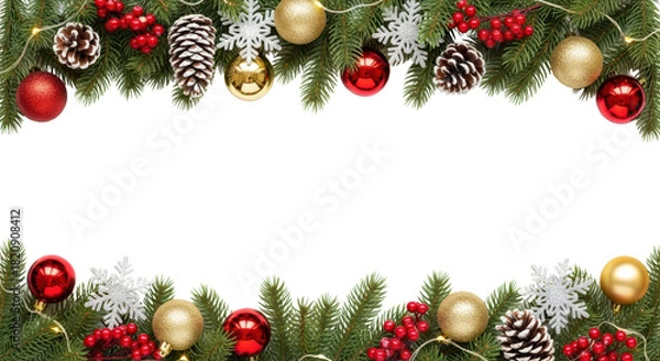 Fototapeta Festive Christmas Garland Border with Green Fir Branches, Red Berries, Gold and Red Ornaments isolated PNG with Transparent Background