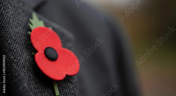 Fototapeta Remembrance Day red poppy pinned on grey jacket honoring war veterans. Remembrance Day symbol honors sacrifices of war. Remembrance Day stands as solemn tribute,
