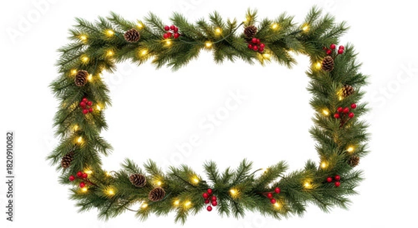 Fototapeta Christmas Pine Garland Frame with Warm Lights, Red Berries, and Pine Cones isolated PNG with Transparent Background