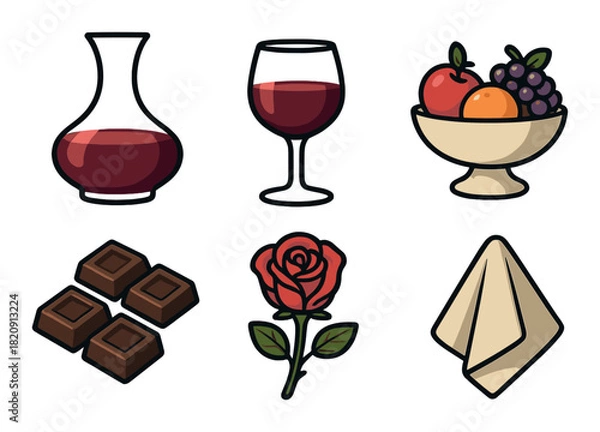 Obraz Illustrated wine, chocolate, and fruit still life with rose and napkin on brown background