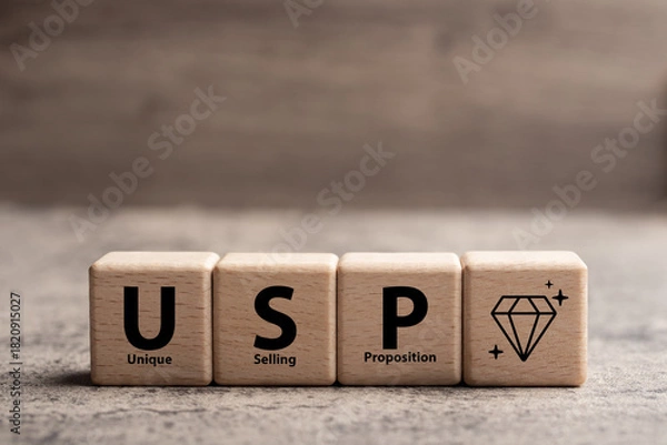 Fototapeta Unique selling proposition (USP), marketing strategy concept. The competitive advantage of product and service and attract customers. Differentiate from the competition, unique benefits and features.