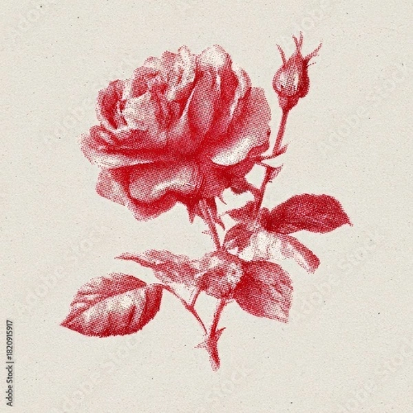 Fototapeta A detailed vintage-style illustration of a red rose with delicate petals and stem on a plain neutral background.