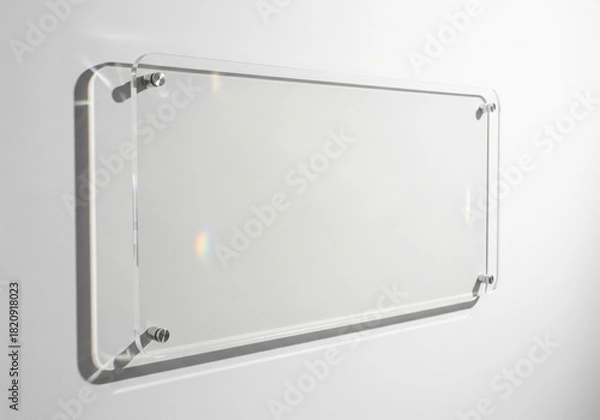 Fototapeta Minimalist tall glass signage panel with faint reflection - A transparent, rectangular sign mounted on a wall. Perfect for business presentations and announcements