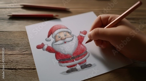 Obraz A hand drawing a joyful Santa Claus figure with a red colored pencil.