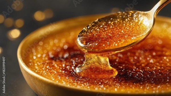 Fototapeta Hyper-realistic macro slow-motion video captures a golden spoon scooping rich, amber liquid from a caramelized sugar surface with a brittle, honeycomb texture.