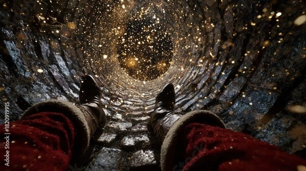 Obraz First-person shot (POV) captures Santa Claus's boots and red suit looking up the dark chimney shaft.