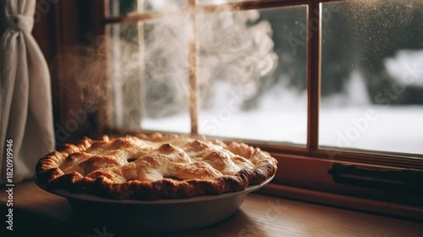Obraz A freshly baked apple pie, with fragrant steam gently rising, set on a sunlit windowsill against a frosty winter view.