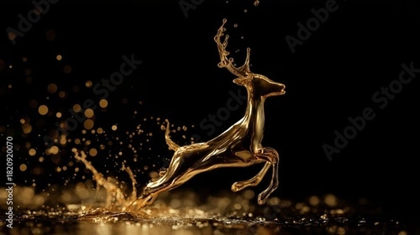 Obraz A majestic reindeer made entirely of shimmering liquid gold, frozen mid-leap as it splashes through a shallow surface.